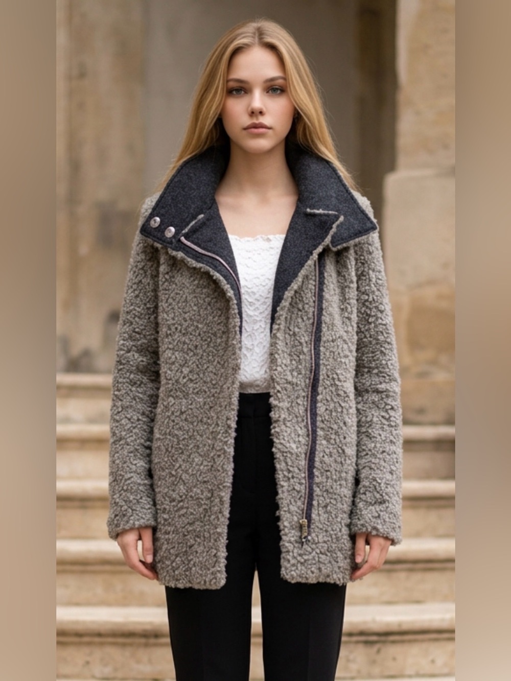 Womens Taupe Faux-Shearling Zip Front Coat